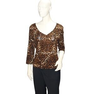 Y2K Leopard Print Sparkle Top Juniors Large‎ Gold Glitter Stretch Blouse